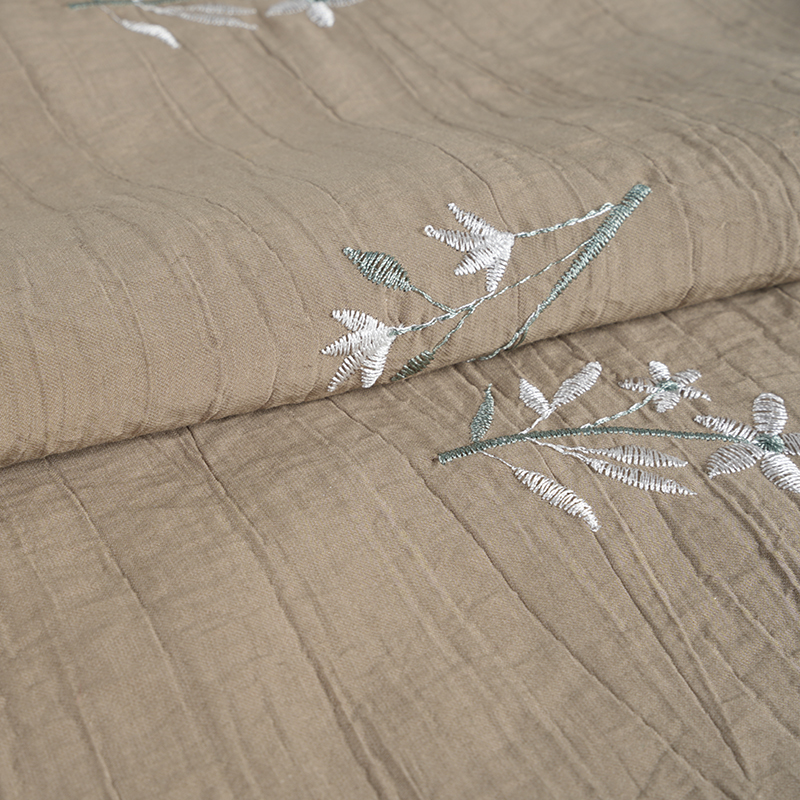 Tecido enrugado com flor de bordado de orquídea com semente de pêssego